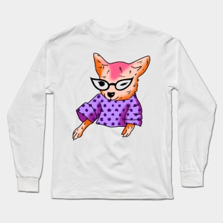 funny orange chihuahua wearing cat eye glasses and a purple shirt cute gift Long Sleeve T-Shirt
